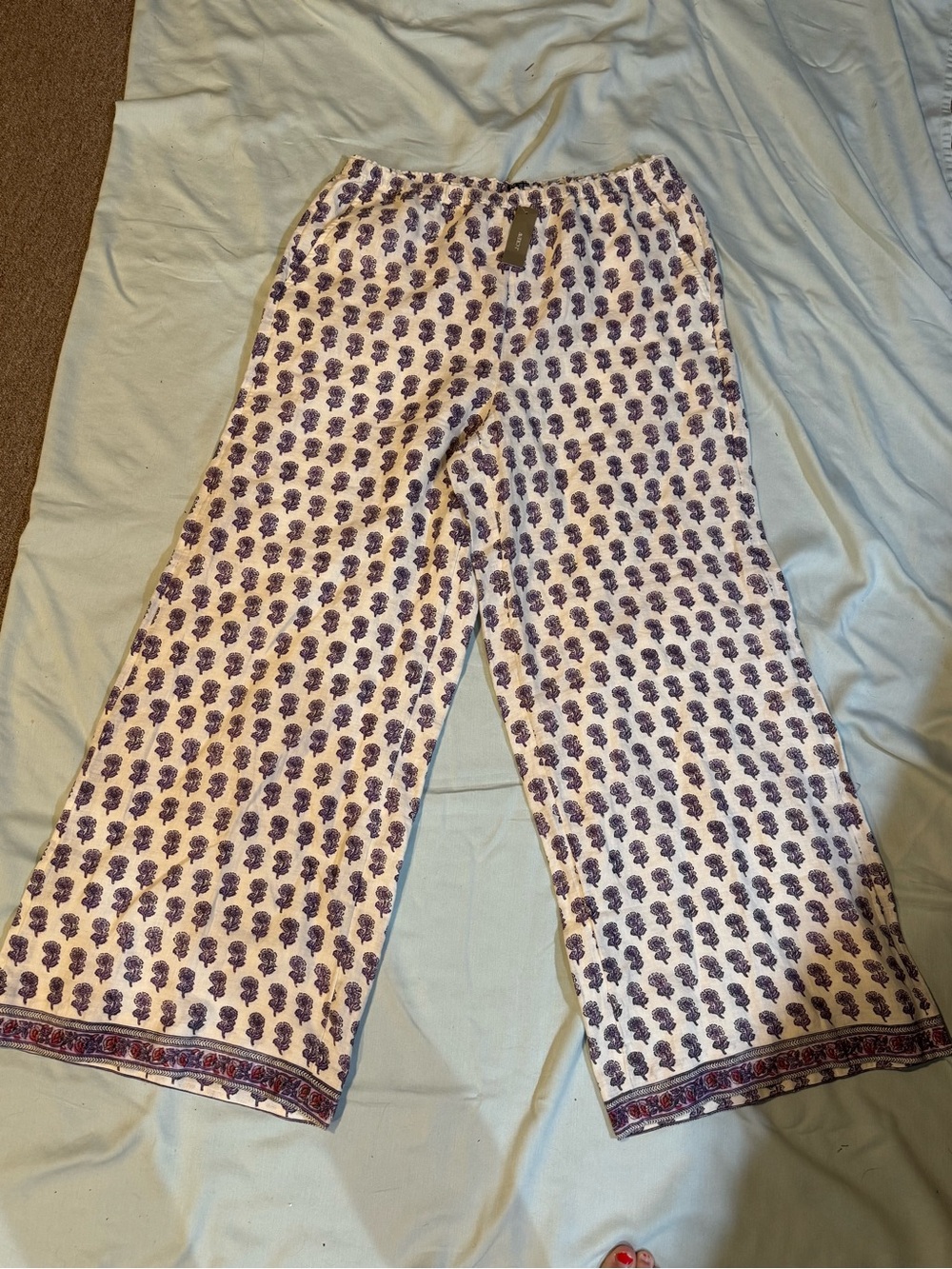 J. Crew White Wide-Leg Pants with Purple Floral Print